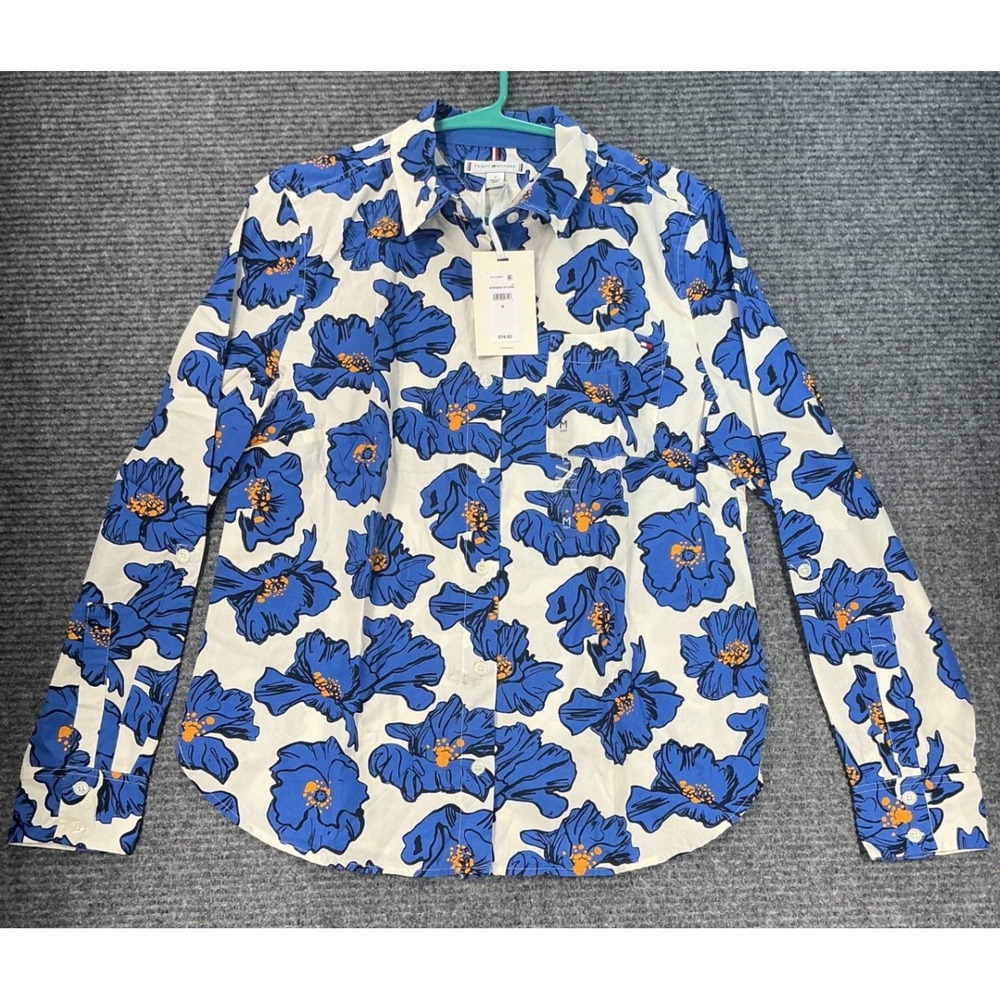 Tommy Hilfiger Button Down Shirt Womens Medium Blue White Floral New With Tags